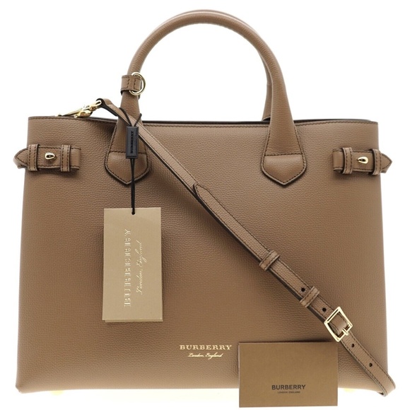 Burberry Banner Medium Tote Shoulder Bag Dark Sand Leather New - Picture 4 of 8